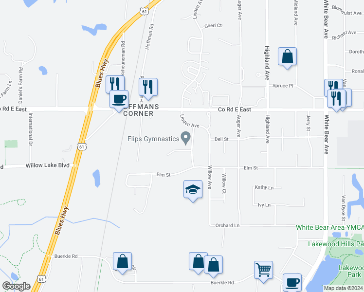 map of restaurants, bars, coffee shops, grocery stores, and more near 3505 Commerce Boulevard in White Bear Lake