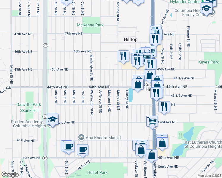 map of restaurants, bars, coffee shops, grocery stores, and more near 670 44th Avenue Northeast in Minneapolis