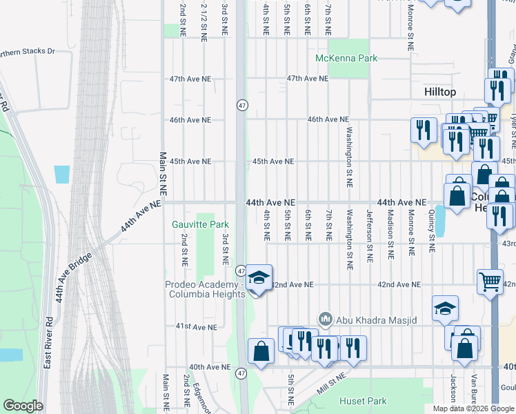 map of restaurants, bars, coffee shops, grocery stores, and more near 320 44th Avenue Northeast in Minneapolis