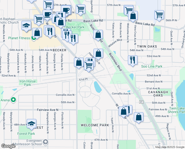 map of restaurants, bars, coffee shops, grocery stores, and more near 5182 West Broadway Avenue in Crystal