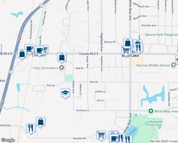 map of restaurants, bars, coffee shops, grocery stores, and more near 3522 Auger Avenue in White Bear Lake