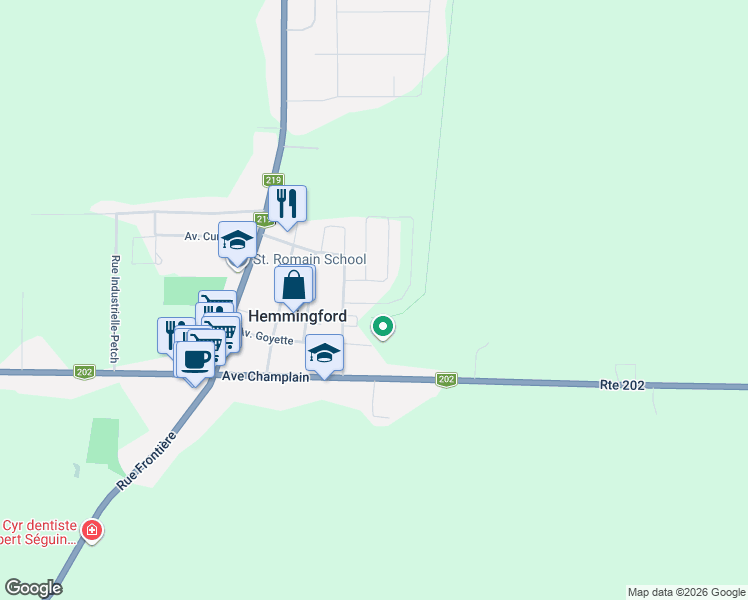 map of restaurants, bars, coffee shops, grocery stores, and more near 413 Avenue McNaughton in Hemmingford