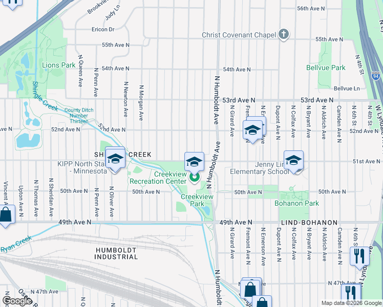 map of restaurants, bars, coffee shops, grocery stores, and more near 5114 James Avenue North in Minneapolis