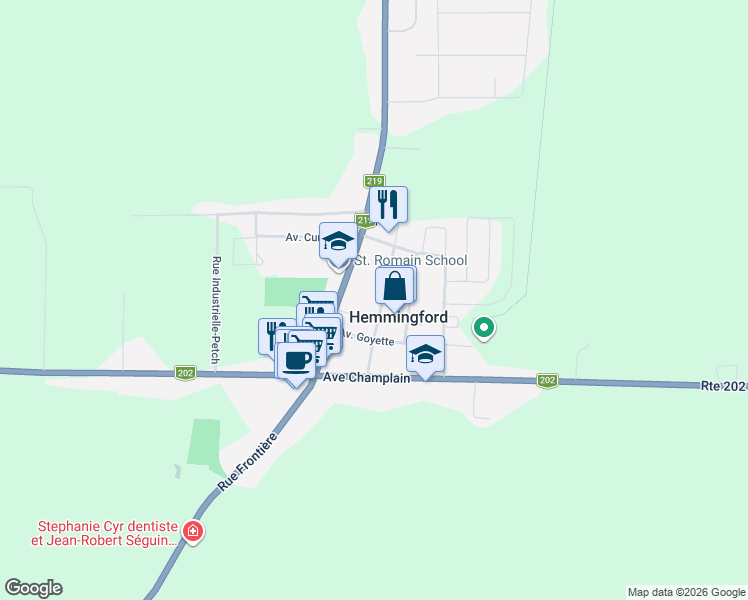 map of restaurants, bars, coffee shops, grocery stores, and more near 551 Rue Barr in Hemmingford