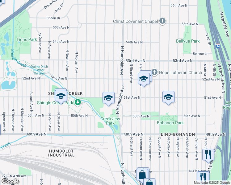 map of restaurants, bars, coffee shops, grocery stores, and more near 5114 North Irving Avenue in Minneapolis