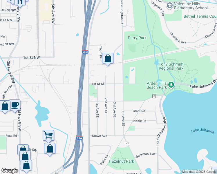 map of restaurants, bars, coffee shops, grocery stores, and more near 261 1st Street Southeast in New Brighton