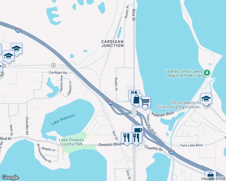 map of restaurants, bars, coffee shops, grocery stores, and more near 3525 Rustic Place in Shoreview