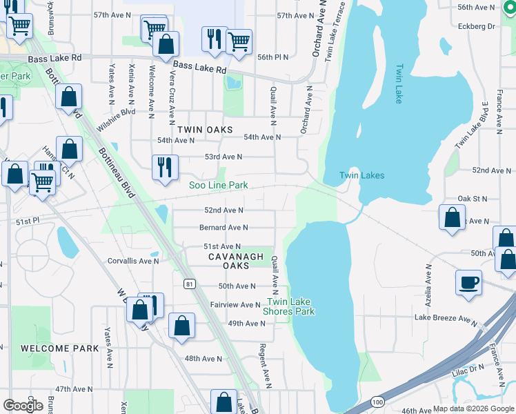 map of restaurants, bars, coffee shops, grocery stores, and more near 5016 52nd Avenue North in Minneapolis