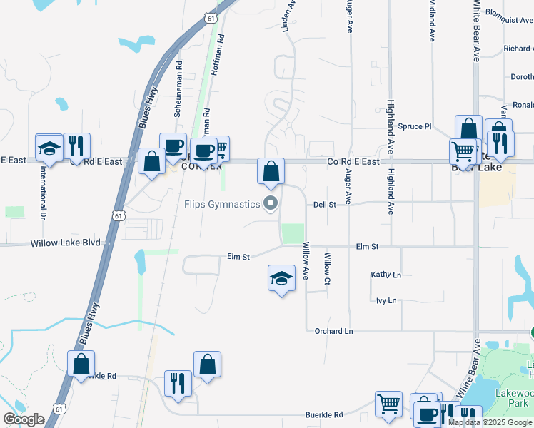 map of restaurants, bars, coffee shops, grocery stores, and more near 3505 Commerce Boulevard in White Bear Lake