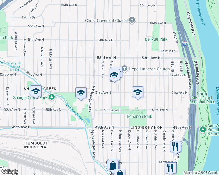 map of restaurants, bars, coffee shops, grocery stores, and more near 5113 Fremont Avenue North in Minneapolis