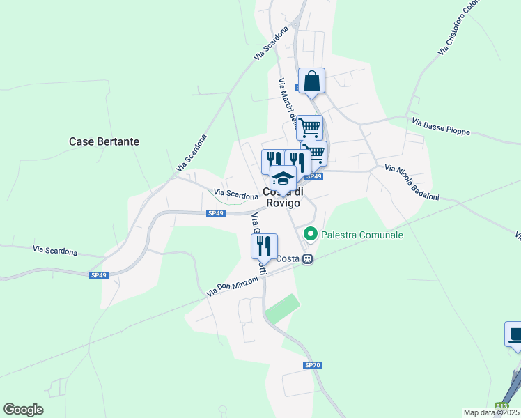map of restaurants, bars, coffee shops, grocery stores, and more near 75 Via Umberto I in Costa di Rovigo