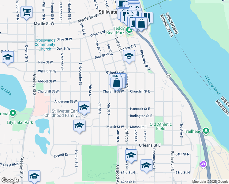 map of restaurants, bars, coffee shops, grocery stores, and more near 209 Churchill Street West in Stillwater