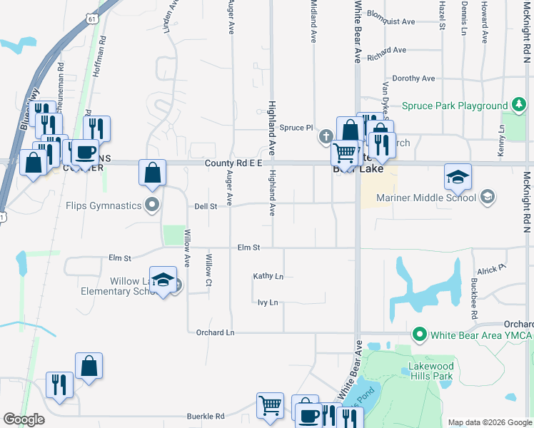 map of restaurants, bars, coffee shops, grocery stores, and more near 3529 Highland Avenue in White Bear Lake