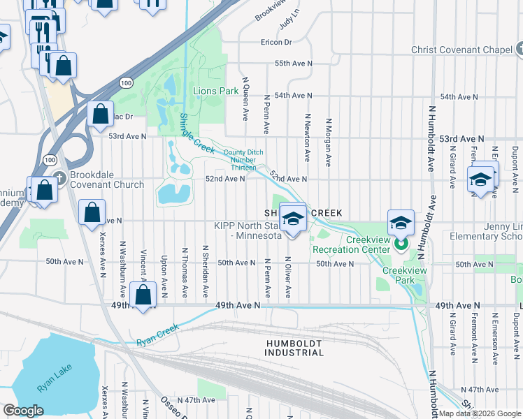 map of restaurants, bars, coffee shops, grocery stores, and more near 2100 51st Avenue North in Minneapolis