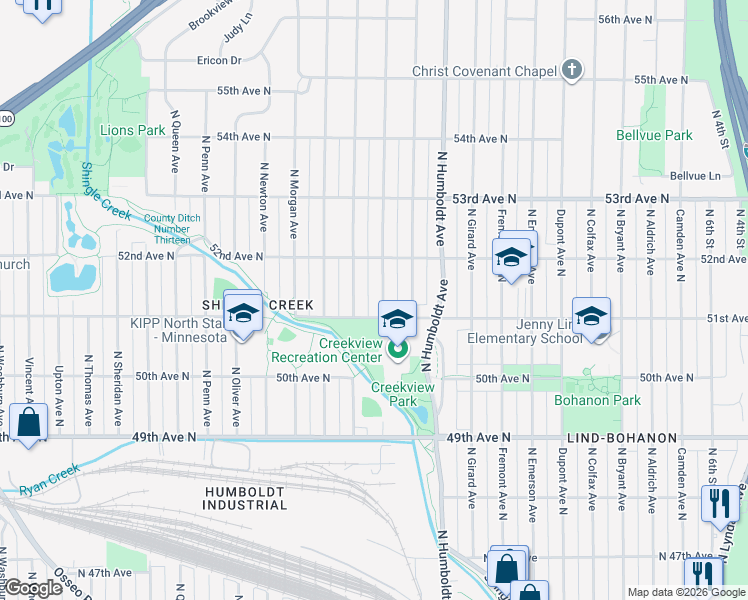 map of restaurants, bars, coffee shops, grocery stores, and more near 5114 James Avenue North in Minneapolis