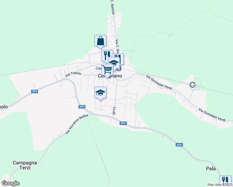 map of restaurants, bars, coffee shops, grocery stores, and more near 136 Via Roma in Ceregnano