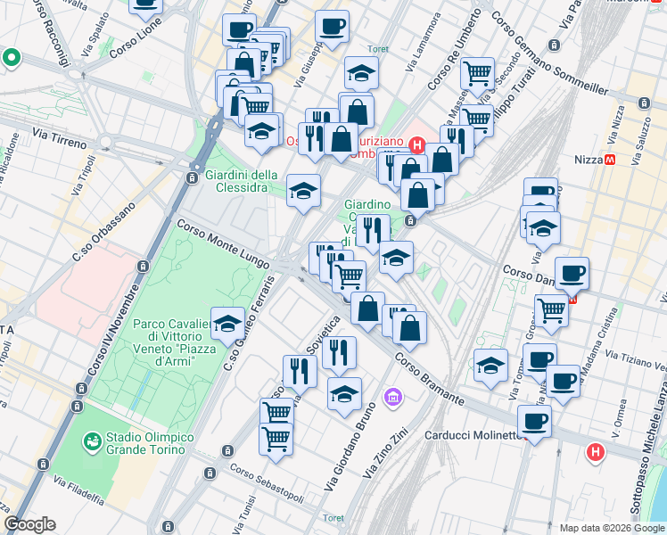 map of restaurants, bars, coffee shops, grocery stores, and more near 16 Via Anton Giulio Barrili in Torino