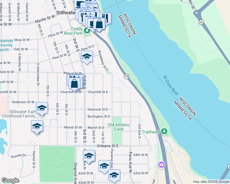 map of restaurants, bars, coffee shops, grocery stores, and more near 911 6th Avenue South in Stillwater