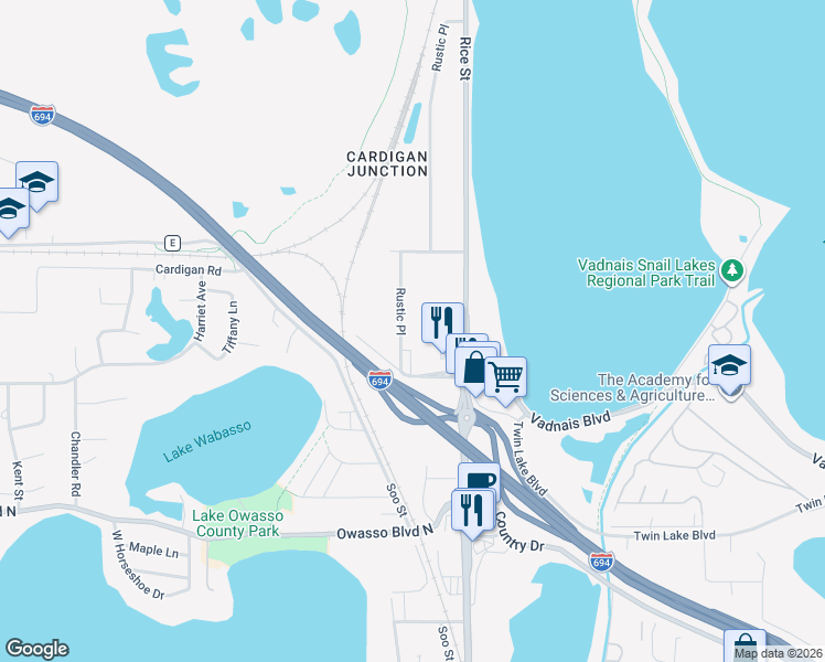map of restaurants, bars, coffee shops, grocery stores, and more near 3530 Rustic Place in Shoreview