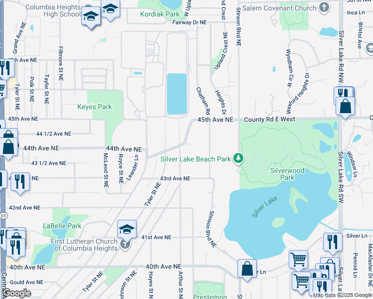 map of restaurants, bars, coffee shops, grocery stores, and more near 4353 Arthur Street Northeast in Minneapolis