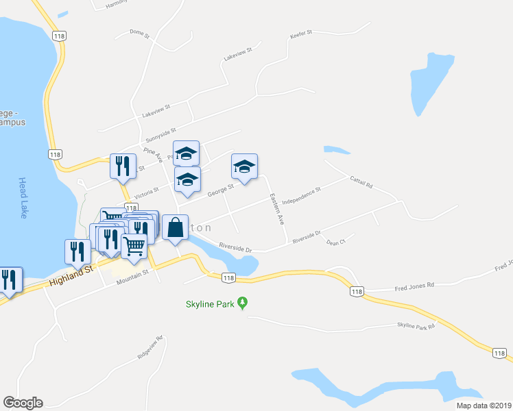 map of restaurants, bars, coffee shops, grocery stores, and more near 318 Highland Street in Haliburton