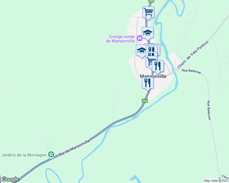 map of restaurants, bars, coffee shops, grocery stores, and more near 24 Rue Belair in Mansonville