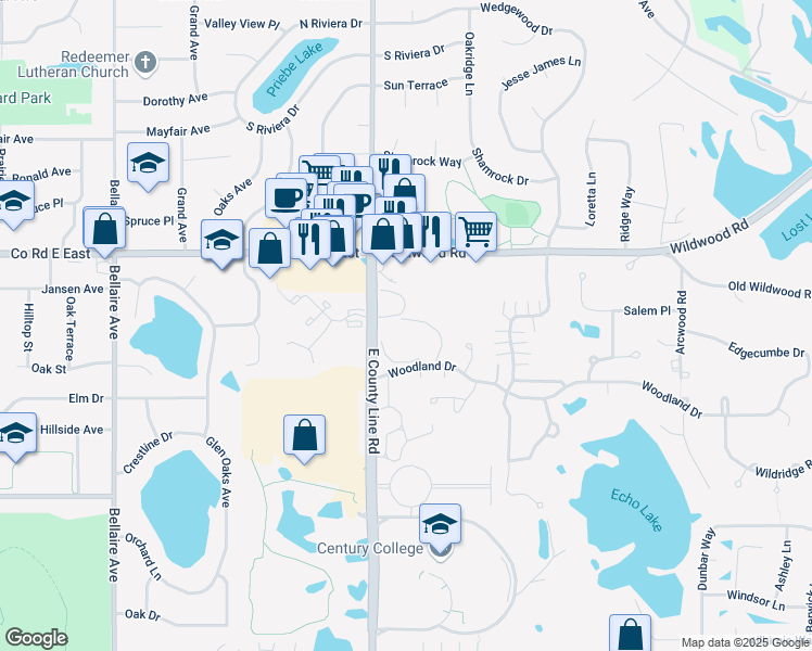 map of restaurants, bars, coffee shops, grocery stores, and more near 877 Woodland Court in Mahtomedi