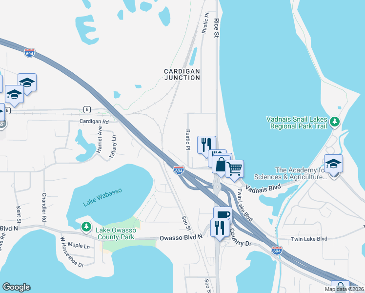 map of restaurants, bars, coffee shops, grocery stores, and more near 3525 Rustic Place in Shoreview