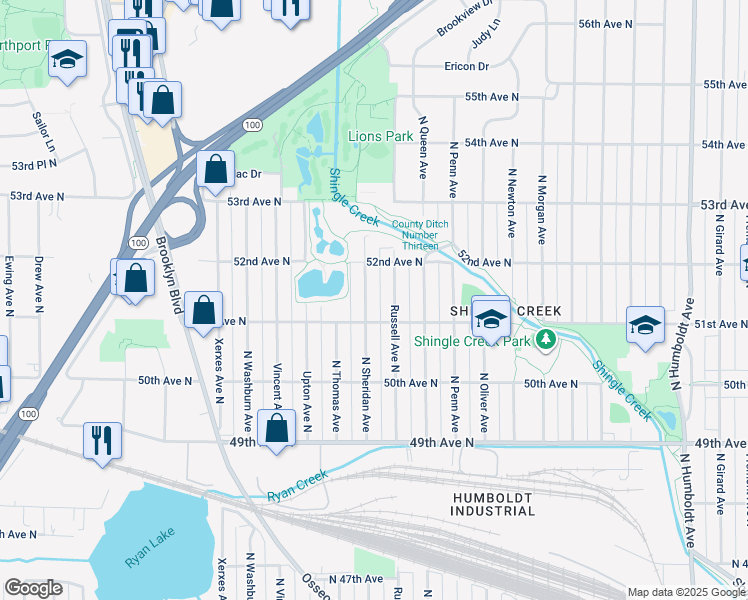 map of restaurants, bars, coffee shops, grocery stores, and more near 5109 North Sheridan Avenue in Minneapolis