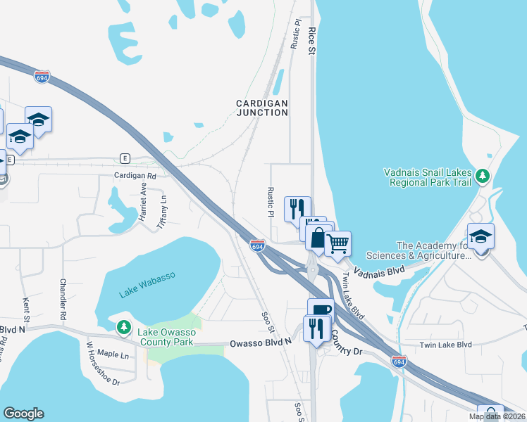 map of restaurants, bars, coffee shops, grocery stores, and more near 3525 Rustic Place in Shoreview