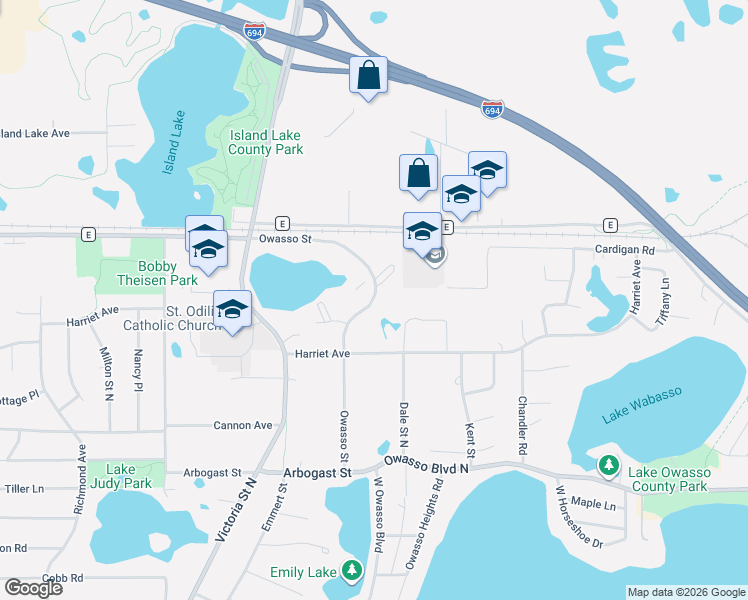 map of restaurants, bars, coffee shops, grocery stores, and more near 4570 Victoria Street North in Shoreview