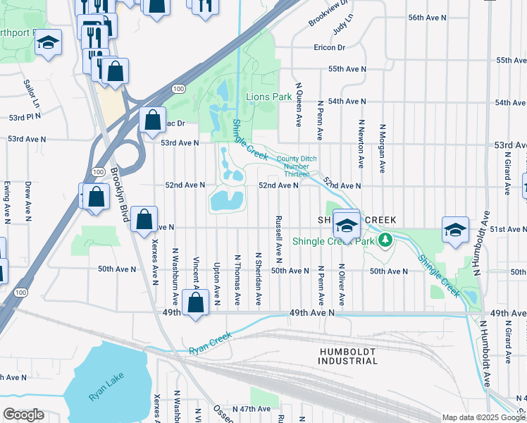 map of restaurants, bars, coffee shops, grocery stores, and more near 5109 North Sheridan Avenue in Minneapolis