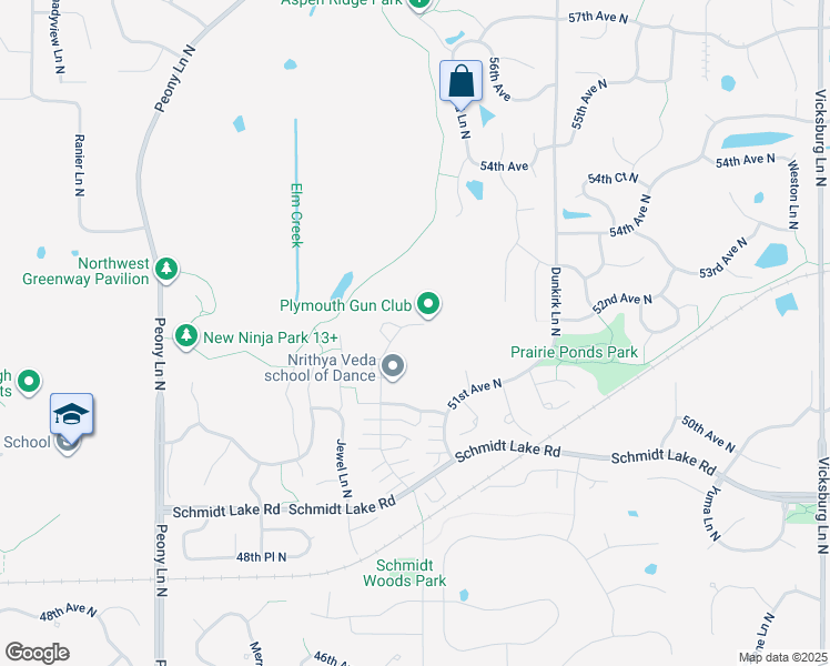 map of restaurants, bars, coffee shops, grocery stores, and more near 5200 Holly Lane North in Plymouth