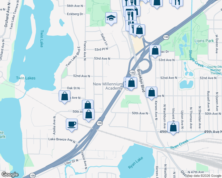 map of restaurants, bars, coffee shops, grocery stores, and more near 3429 53rd Avenue North in Brooklyn Center