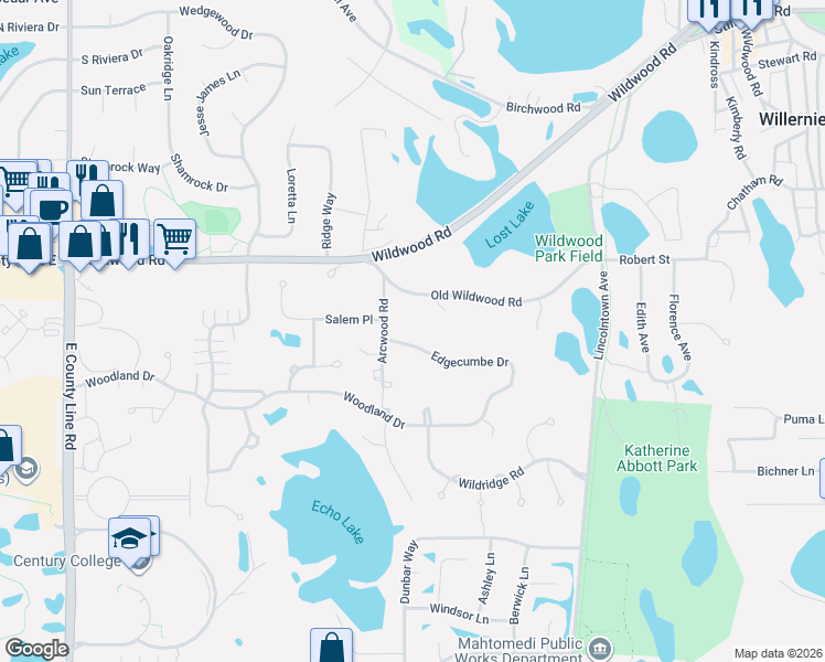 map of restaurants, bars, coffee shops, grocery stores, and more near 333 Edgecumbe Drive in Mahtomedi