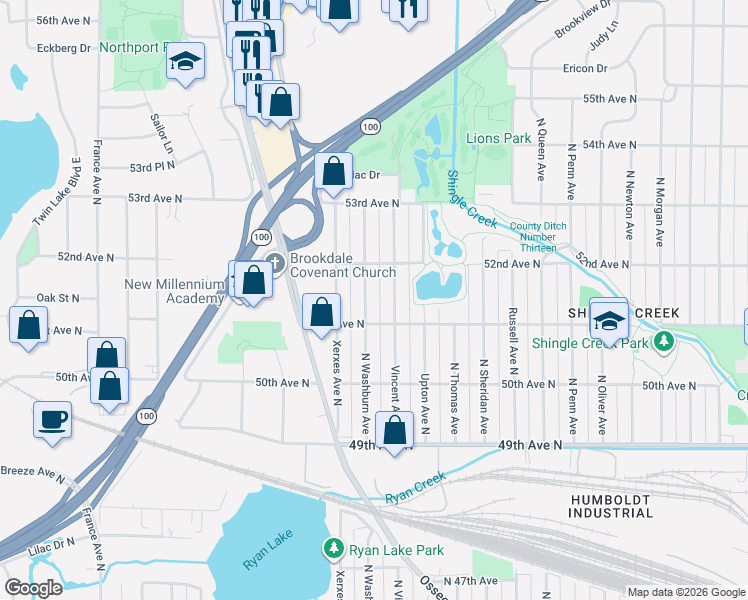 map of restaurants, bars, coffee shops, grocery stores, and more near 5108 North Washburn Avenue in Minneapolis