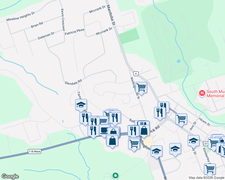 map of restaurants, bars, coffee shops, grocery stores, and more near in Bracebridge