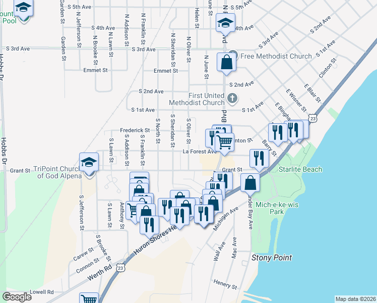 map of restaurants, bars, coffee shops, grocery stores, and more near 400 South Oliver Street in Alpena