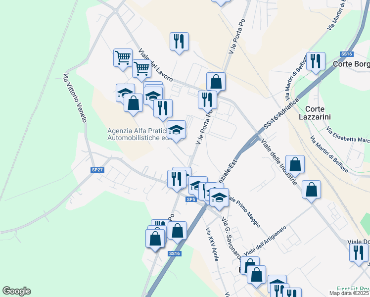 map of restaurants, bars, coffee shops, grocery stores, and more near 16 Via Luigi Einaudi in Rovigo