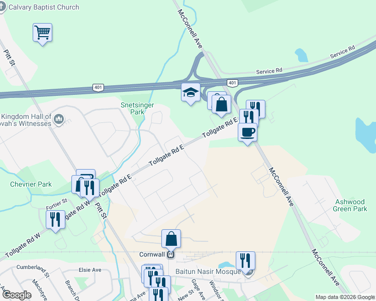 map of restaurants, bars, coffee shops, grocery stores, and more near 350 Tollgate Road East in Cornwall