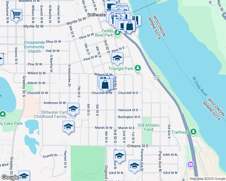 map of restaurants, bars, coffee shops, grocery stores, and more near 904 3rd Street South in Stillwater