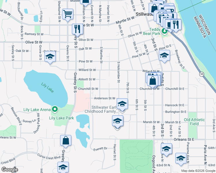 map of restaurants, bars, coffee shops, grocery stores, and more near 621 Churchill Street West in Stillwater