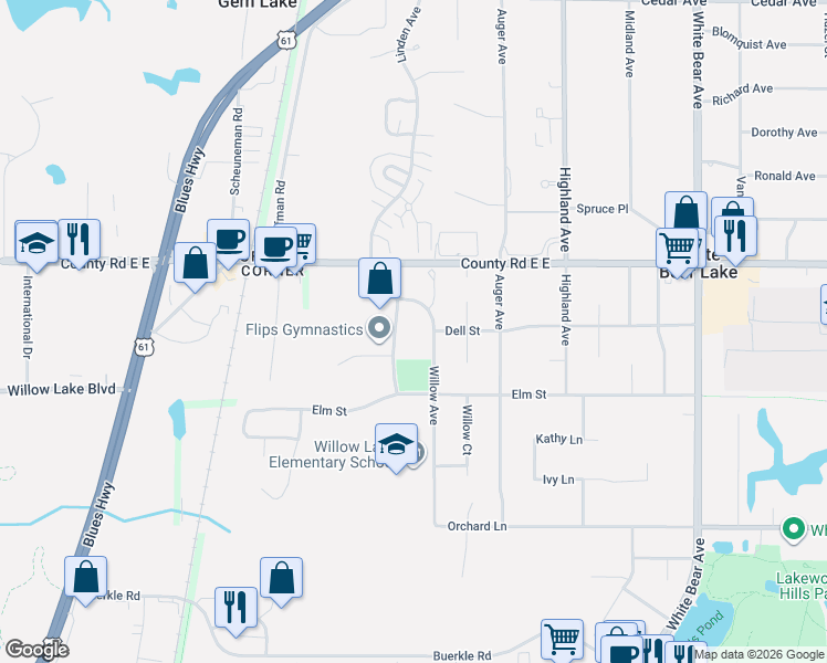 map of restaurants, bars, coffee shops, grocery stores, and more near 3533 Willow Avenue in White Bear Lake