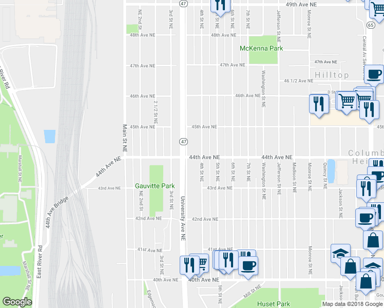 map of restaurants, bars, coffee shops, grocery stores, and more near 320 44th Avenue Northeast in Minneapolis