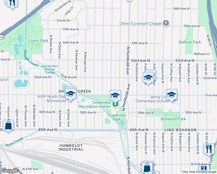 map of restaurants, bars, coffee shops, grocery stores, and more near 5114 James Avenue North in Minneapolis