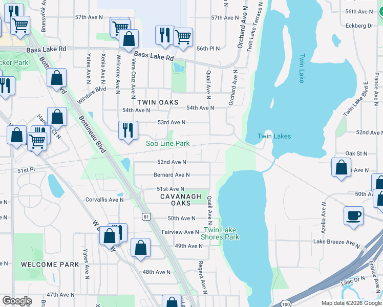 map of restaurants, bars, coffee shops, grocery stores, and more near 5016 52nd Avenue North in Minneapolis