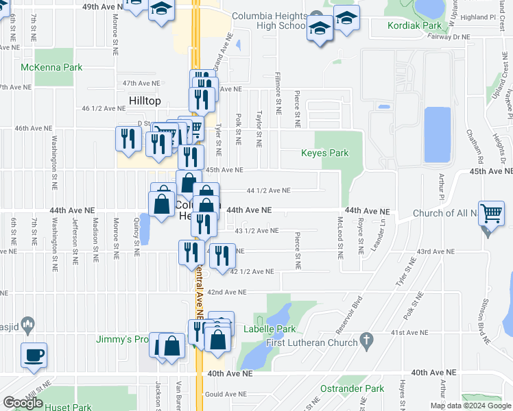 map of restaurants, bars, coffee shops, grocery stores, and more near 1103 44th Avenue Northeast in Minneapolis