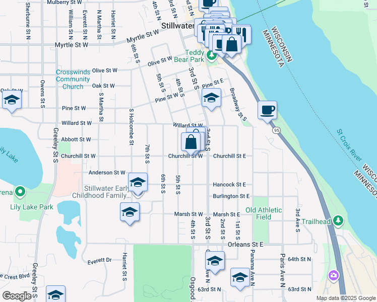 map of restaurants, bars, coffee shops, grocery stores, and more near 209 Churchill Street West in Stillwater
