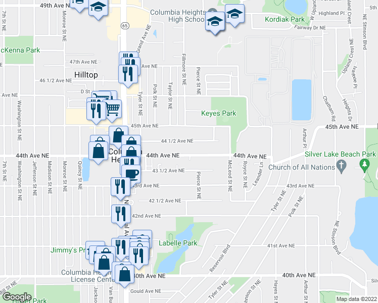 map of restaurants, bars, coffee shops, grocery stores, and more near 1209 44th Avenue Northeast in Minneapolis