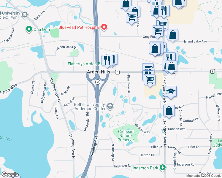 map of restaurants, bars, coffee shops, grocery stores, and more near 3565 Pine Tree Drive in Arden Hills